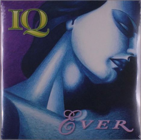 Text: "IQ" oben links, "Ever" unten. Illustration eines stilisierten Gesichts in Blau- und Violetttönen.