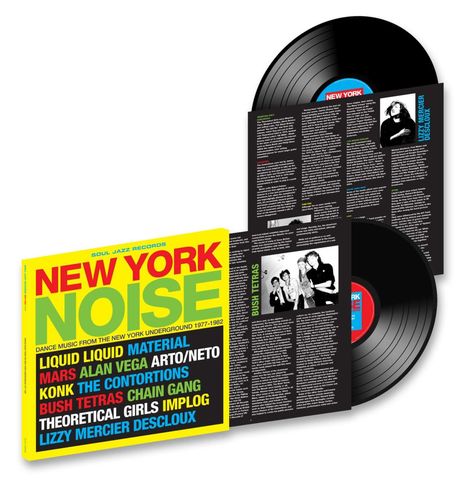 Das Bild zeigt das Albumcover "NEW YORK NOISE" von Soul Jazz Records mit Plattenhüllen und Schallplatten.