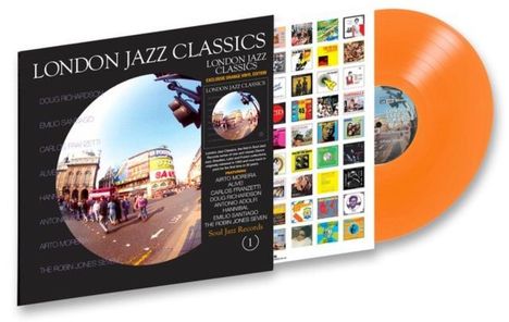 "LONDON JAZZ CLASSICS" steht groß auf einem schwarzen Albumcover. Daneben eine orangefarbene Vinyl.