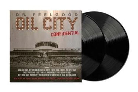 DR. FEELGOOD, OIL CITY CONFIDENTIAL. Zwei Schallplatten, grauer Hintergrund, Gebäude in der Mitte.