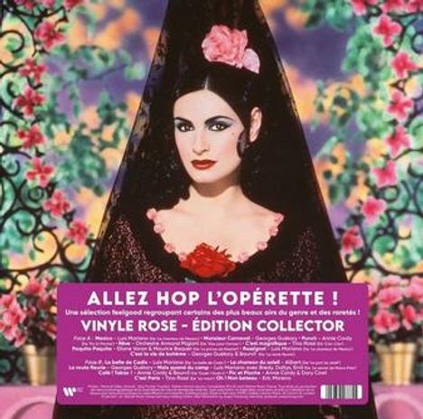 Texte: "Allez Hop L'Opérette! Vinyle Rose - Édition Collector". Frau in Operettenkleidung, Hintergrund floral dekoriert.
