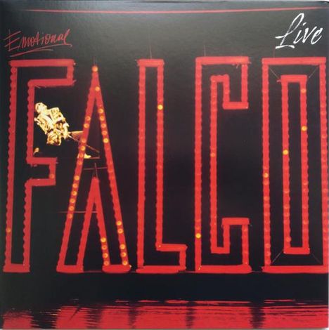 Text: "Emotional", "Live", "FALCO". 
Großes, leuchtendes "FALCO" in Rot, links eine helle Figur.
