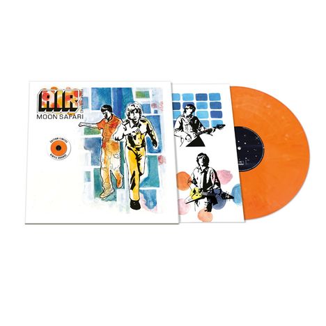 Text: "AIR MOON SAFARI", "Limited Edition Double Orange". 
Illustration: Zwei Personen in Bewegung vor einem farbigen Hintergrund. 
Orangene Vinyl-Schallplatte.