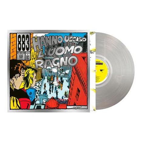 Text: "Hanno ucciso l'uomo ragno". Comic-Stil Illustration mit Menschen in einer Stadt. Eine graue Schallplatte daneben.