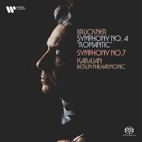 BRUCKNER SYMPHONY NO. 4 "ROMANTIC" SYMPHONY NO. 7 KARAJAN BERLIN PHILHARMONIC. Profil eines Mannes mit dunklem Hintergrund.