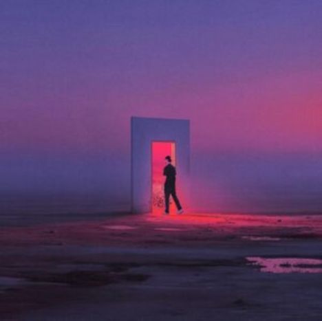 Kein Text erkennbar. Eine Person durchschreitet eine leuchtend rote Tür in einer weiten, nebligen Landschaft bei Sonnenuntergang.