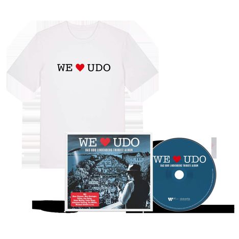 "We ♥ UDO" auf weißem T-Shirt, CD-Hülle und Disc; CD bezieht sich auf "Das Udo Lindenberg Tribute Album".