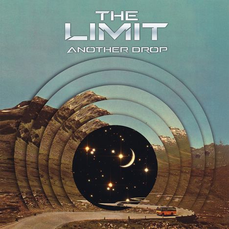 „THE LIMIT ANOTHER DROP“; Kreiseffekte über Bergen; schwarze Mitte mit Sternen und Mond.