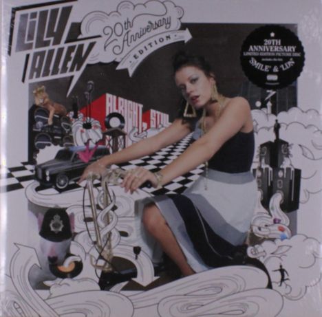 „Lily Allen“, „20th Anniversary Edition“. Frau auf kariertem Boden, retro Design, Wolkenillustrationen, Mikrofon.