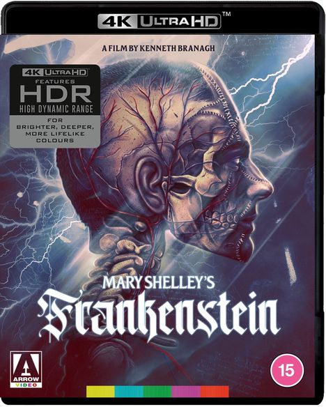 „Mary Shelley’s Frankenstein“, Film von Kenneth Branagh, HDR, farbenreiche Illustration eines Kopfes mit Blitzen im Hintergrund.