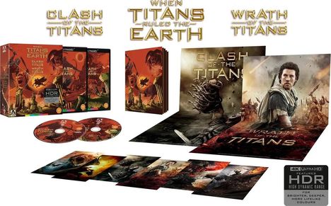 „CLASH OF THE TITANS“, „WRATH OF THE TITANS“, „WHEN TITANS RULED THE EARTH“; Film-Sammlerbox mit DVDs und Plakaten.