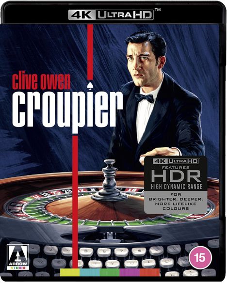 „Clive Owen Croupier“, „4K Ultra HD“, „HDR“. Zeichnung: Mann im Smoking an einem Roulettetisch.