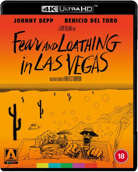 "Fear and Loathing in Las Vegas" steht in schwarzer Schrift auf orangefarbenem Hintergrund, darunter zwei gezeichnete Figuren in einem Auto.