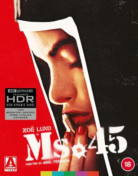 „4K Ultra HD“, „Zoë Lund is Ms. 45“. Nahaufnahme einer Person, die sich die Lippen schminkt, stilisierte Illustration.