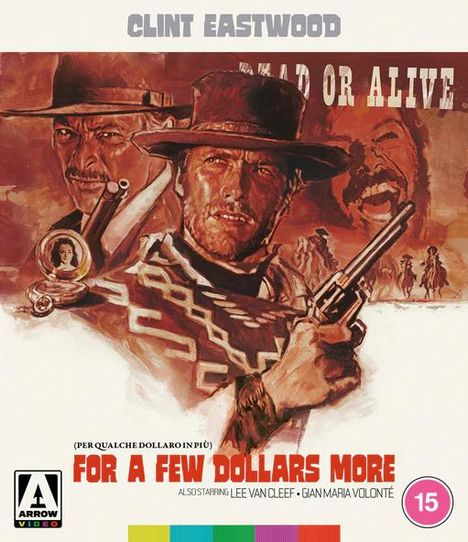 Oben steht "CLINT EASTWOOD", unten "FOR A FEW DOLLARS MORE". Es ist ein Western-Filmplakat mit zwei bewaffneten Männern.