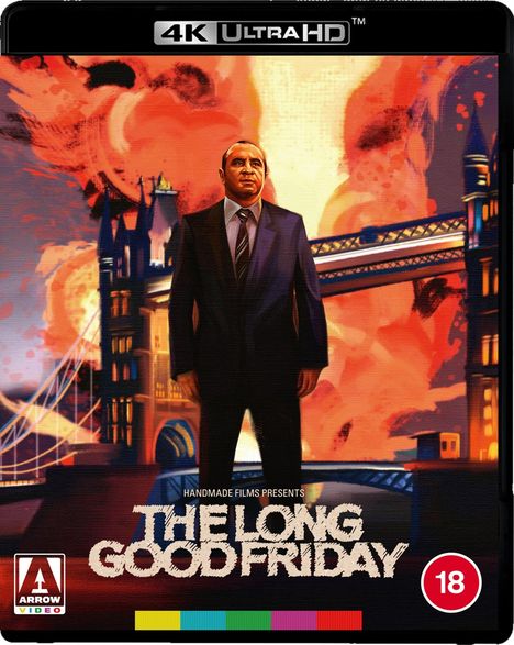 "THE LONG GOOD FRIDAY" steht in großer Schrift. Illustration: Ein Mann im Anzug vor der Tower Bridge, rote Wolken im Hintergrund.