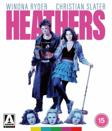 „HEATHERS“ in großen rosa Buchstaben. Illustration: Zwei Personen, eine hält eine Waffe, die andere einen Croquet-Schläger.