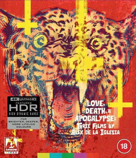 "Love, Death & Apocalypse. Three Films by Alex de la Iglesia." Im Hintergrund ein farbenfroher, aggressiv wirkender Leopardenkopf.