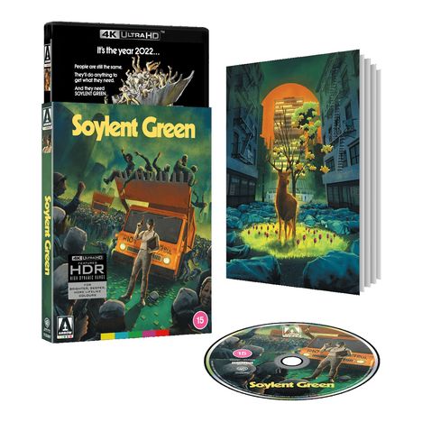 "Soylent Green" steht auf der Verpackung. Ein orangefarbener LKW und ein Hirsch in urbaner Umgebung sind abgebildet.