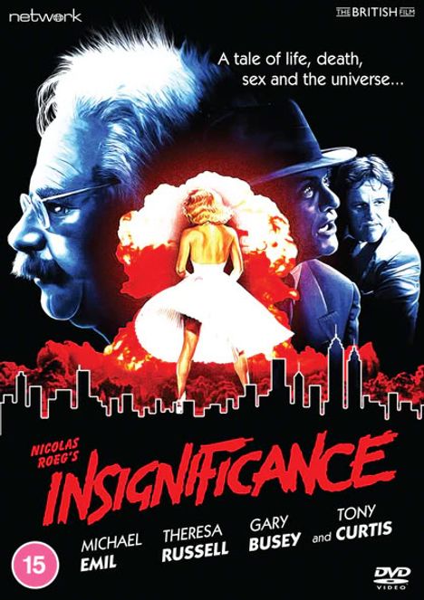 Text: „A tale of life, death, sex and the universe...“, „Nicolas Roeg's Insignificance“, „Michael Emil, Theresa Russell, Gary Busey and Tony Curtis.“ Illustration: Silhouetten vor beleuchteter Skyline.