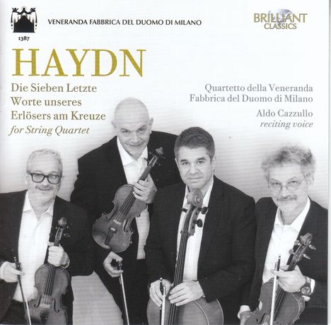 "Haydn: Die Sieben Letzte Worte unseres Erlösers am Kreuze. Vier Männer mit Streichinstrumenten lächeln freundlich."