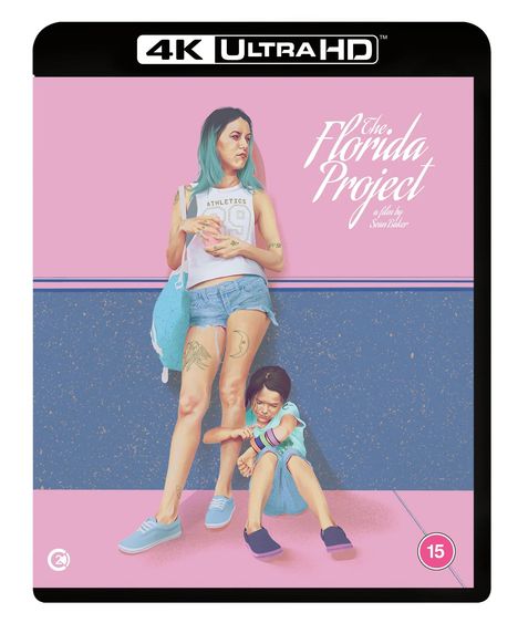 "The Florida Project, a film by Sean Baker." Illustration: Frau mit grünlichem Haar, Tattoos, Kind daneben; pinker Hintergrund.