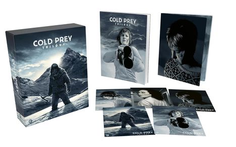 "COLD PREY TRILOGY" auf Filmbox. Schneebedeckte Berge, Person im Schnee mit Pickel, drei Nahaufnahmen von Personen.