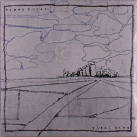 Text: "brown horse" oben links, "total dive" unten rechts. Zeichnung von Landschaft mit Gebäuden am Horizont und Wolken.