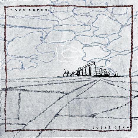 Text: "brown horse" oben links, "total dive" unten rechts. Illustration einer Landschaft mit Wolken, Gebäuden und Feldern.