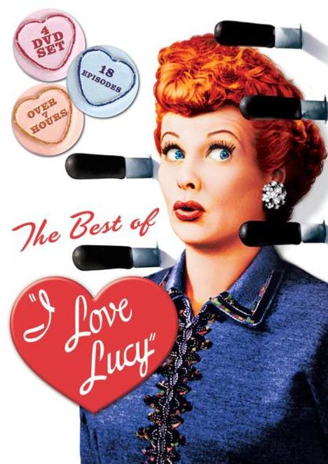 „The Best of ‚I Love Lucy‘“ steht auf einem roten Herz. Eine Frau mit rotem Haar schaut überrascht drein.