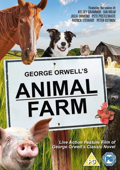 Text: "George Orwell's Animal Farm", u.a. mit "Kelsey Grammer", "Live Action Film". Tiere vor einer Scheune.