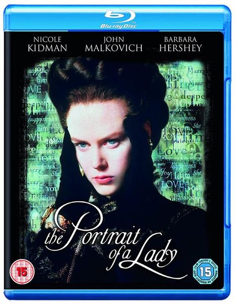 "The Portrait of a Lady", Nicole Kidman, John Malkovich, Barbara Hershey. Eine Frau schaut ernst, mit Text im Hintergrund.