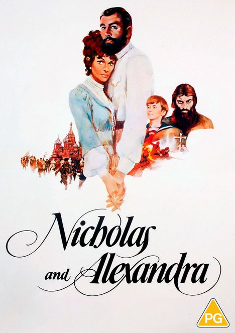 Text: "Nicholas and Alexandra." Illustration: Ein Paar im Vordergrund, Kreml und Figuren im Hintergrund, gelbes PG-Symbol.