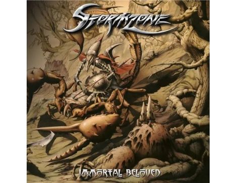 „Stormzone“ oben, „Immortal Beloved“ unten. Illustration eines Ritters auf einem Skorpion in wilder Landschaft.
