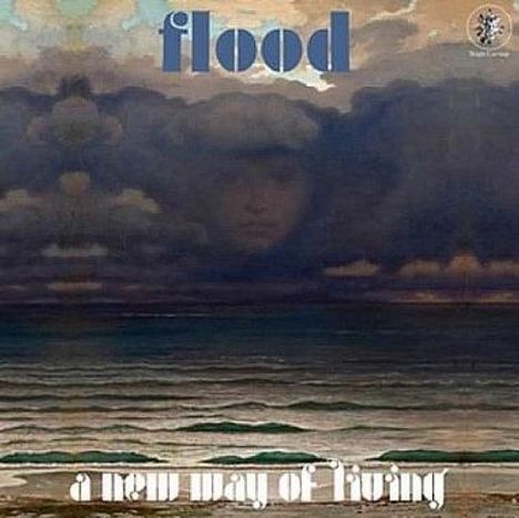 Text: "flood, a new way of living". Illustration: Wolken über einem Ozean, ein Gesicht erscheint hinter den Wolken.