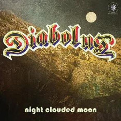 Text oben: "Diabolus", unten: "night clouded moon". Landschaft mit Mond und dunklem Himmel.