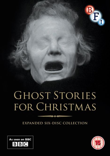 "Ghost Stories for Christmas" steht in goldener Schrift über einem gesichtslosen, schreienden Gesicht in Schwarz-Weiß.