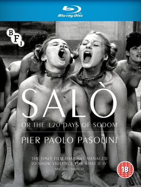 Text: "SALÒ OR THE 120 DAYS OF SODOM", "Pier Paolo Pasolini". Zwei Frauen mit offenen Mündern, umgeben von anderen. Blu-ray-Logo.