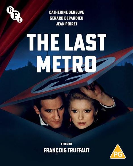 Catherine Deneuve, Gérard Depardieu, Jean Poiret. Titel: The Last Metro. François Truffaut. Zwei Personen blicken unter einem Vorhang hervor.