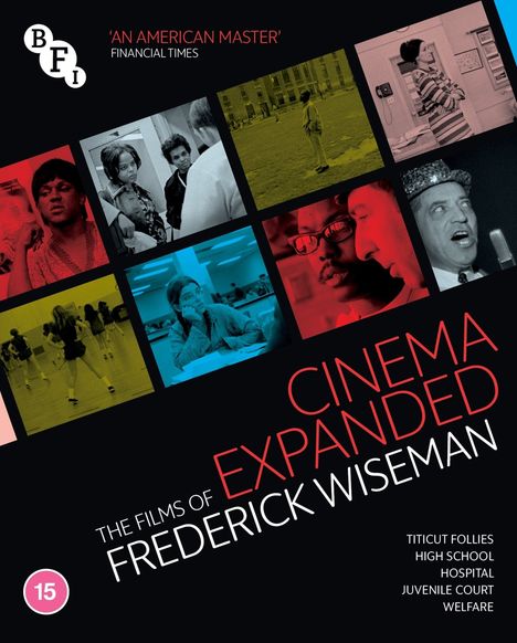 Texte zu "Cinema Expanded: The Films of Frederick Wiseman". Bilder in farbigen Quadraten, oben "An American Master".