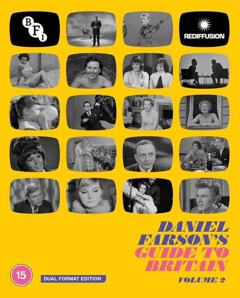 Text: "BFI", "REDIFFUSION", "DANIEL FARSON'S GUIDE TO BRITAIN VOLUME 2", "DUAL FORMAT EDITION". Schwarz-Weiß-Bilder auf gelbem Hintergrund.
