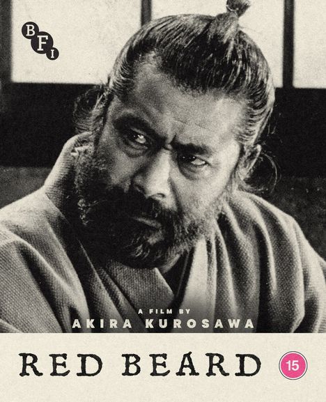 Text: "BFI", "A film by Akira Kurosawa", "Red Beard". Schwarz-weißes Porträt eines ernst dreinblickenden Mannes mit Kopfbund.