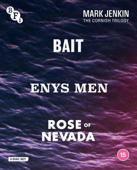 Texte: "Bait", "Enys Men", "Rose of Nevada", "Mark Jenkin", "The Cornish Trilogy", "3 Disc Set". Hintergrund: verrauschtes Wasser, violett-blau.