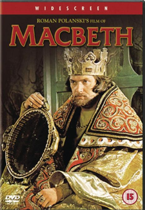 Der Text „Roman Polanski's Film of Macbeth“. Ein Mann in königlicher Kleidung mit Krone hält einen Spiegel.