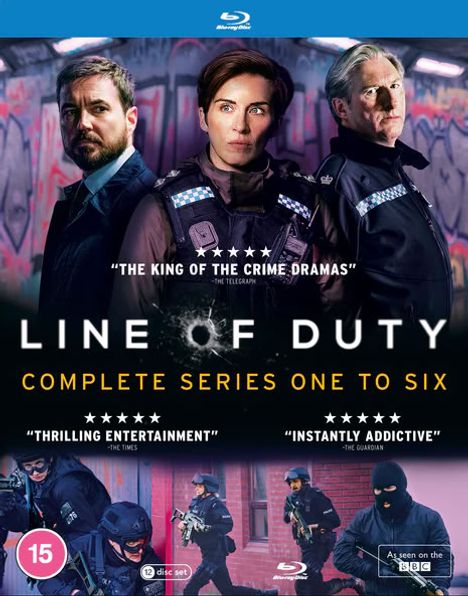 "LINE OF DUTY: COMPLETE SERIES ONE TO SIX." Drei Polizisten in Uniformen, darunter zwei Männer und eine Frau.