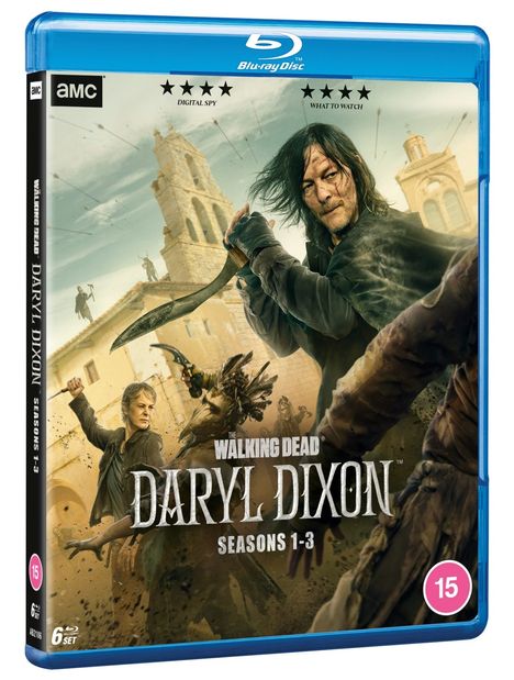 "The Walking Dead: Daryl Dixon, Seasons 1-3. Illustration: Zwei bewaffnete Personen in actionreicher Szene."