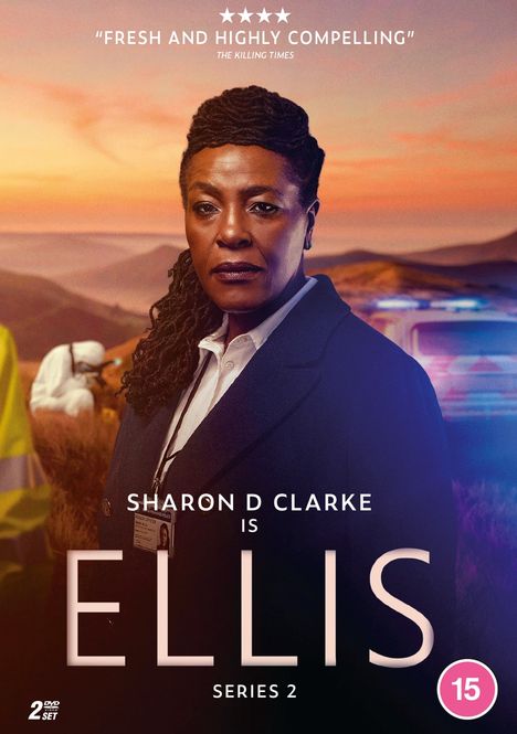 „Sharon D Clarke is ELLIS Series 2“. Eine Frau in einem Mantel vor einer Landschaft mit Himmel bei Sonnenuntergang.