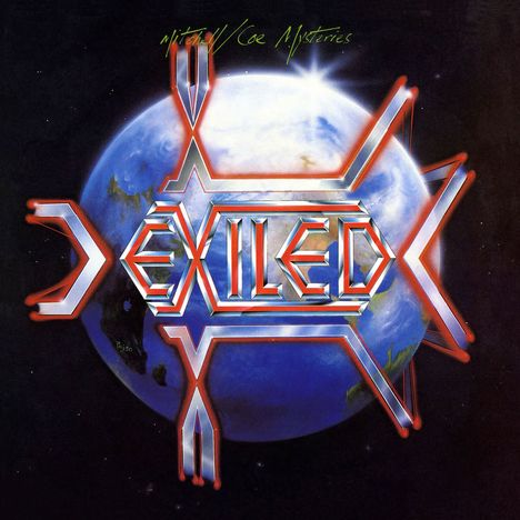 Text: "Exiled" in stilisiertem Schriftzug. "Mitchell/Coe Mysteries" darüber. Hintergrund: Erde im All, futuristisches Design.