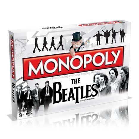 "MONOPOLY," "THE BEATLES," Schrift oben. Bilder der Beatles in verschiedenen Outfits. Silhouetten und Monopoly-Maskottchen.
