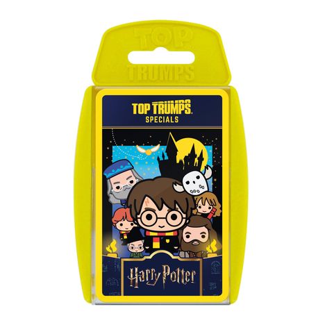 „TOP TRUMPS SPECIALS“ oben, „Harry Potter“ unten. Illustration von Figuren und Schloss, gelber Rahmen.